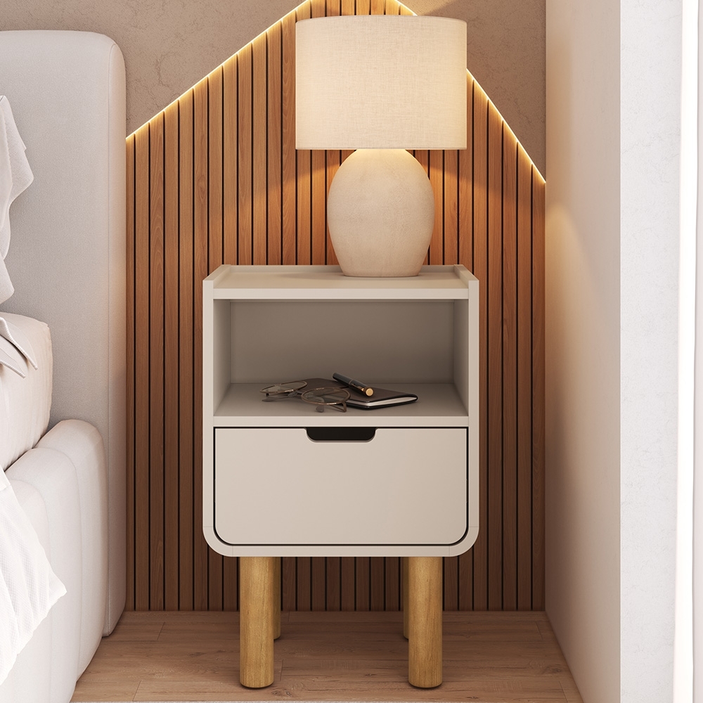 Mesa Cabeceira Quarto 40cm 1 Gaveta Pé Madeira Luara Off White A10 - Mpozenato