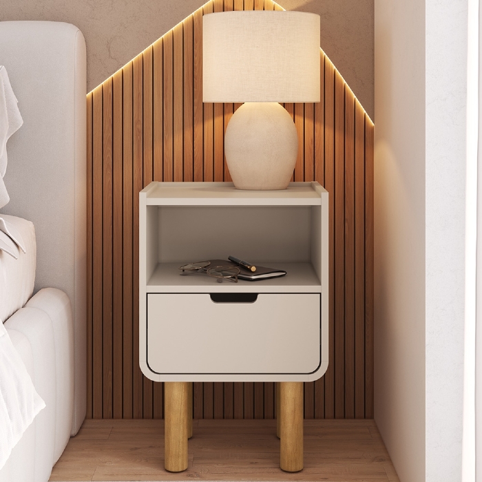 Mesa Cabeceira Quarto 40cm 1 Gaveta Pé Madeira Luara Off White A10 - Mpozenato