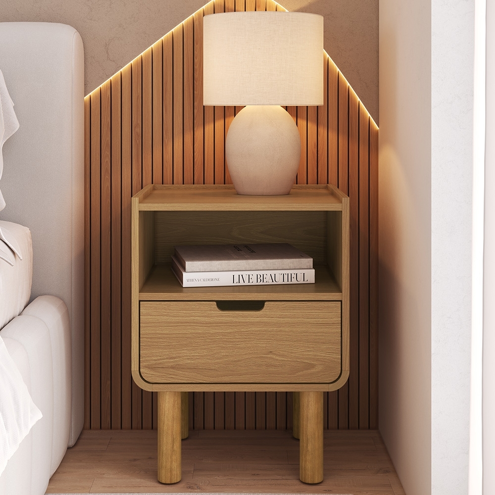 Mesa Cabeceira Quarto 45cm 1 Gaveta Pé Madeira Luara Hanover A10 - Mpozenato