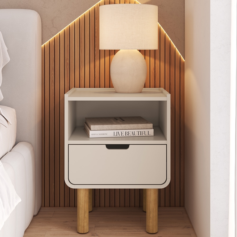 Mesa Cabeceira Quarto 45cm 1 Gaveta Pé Madeira Luara Off White A10 - Mpozenato