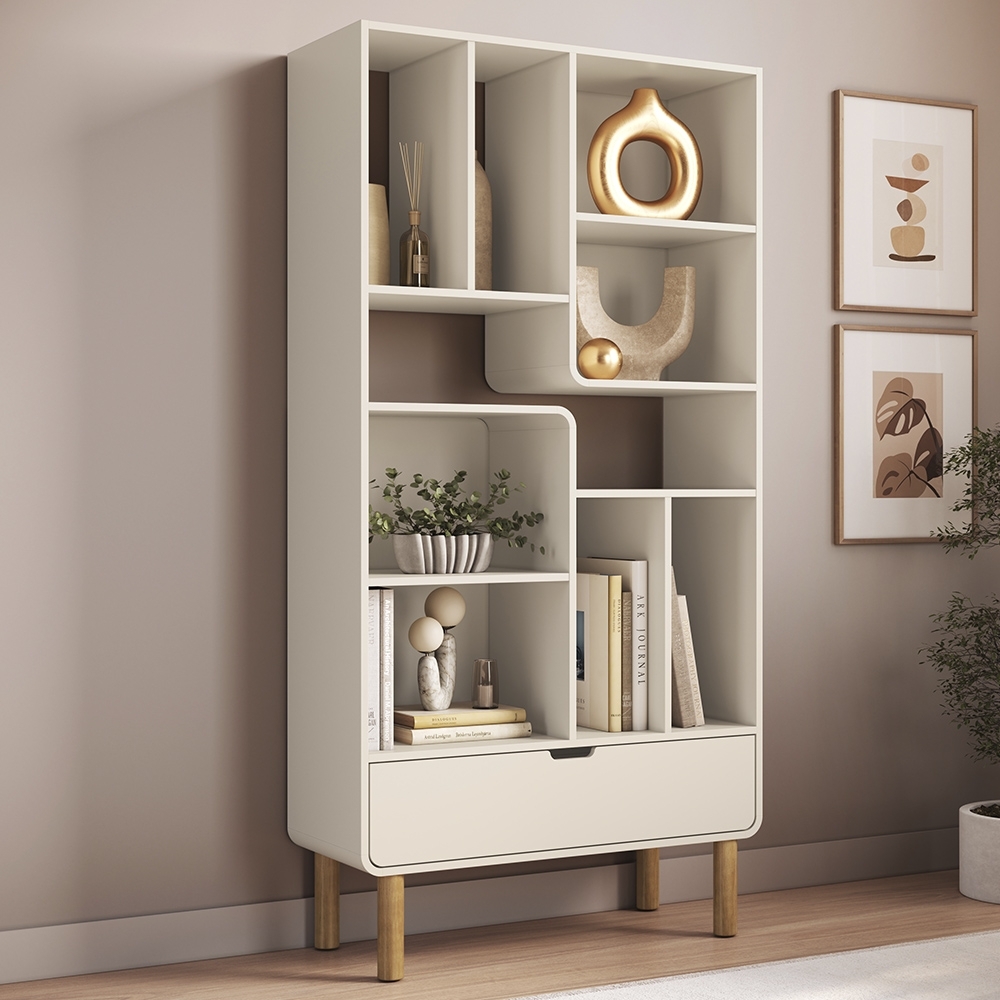 Estante Livreiro 90cm 1 Gaveta Pé Madeira Luara Off White A10 - Mpozenato