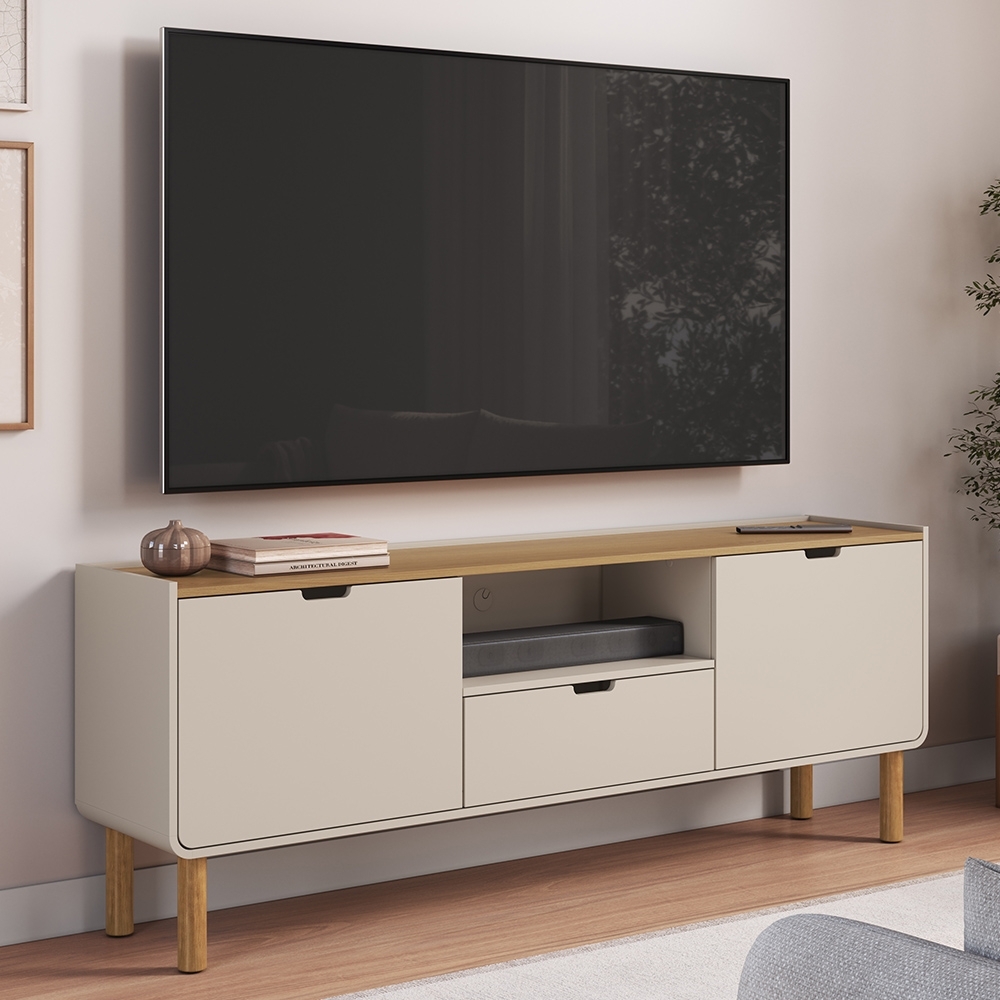Rack TV 65 Pol 180cm 2 Portas Pé Madeira Luara Hanover/Off White A10 - Mpozenato