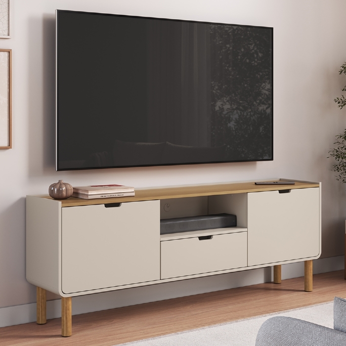 Rack TV 65 Pol 180cm 2 Portas Pé Madeira Luara Hanover/Off White A10 - Mpozenato