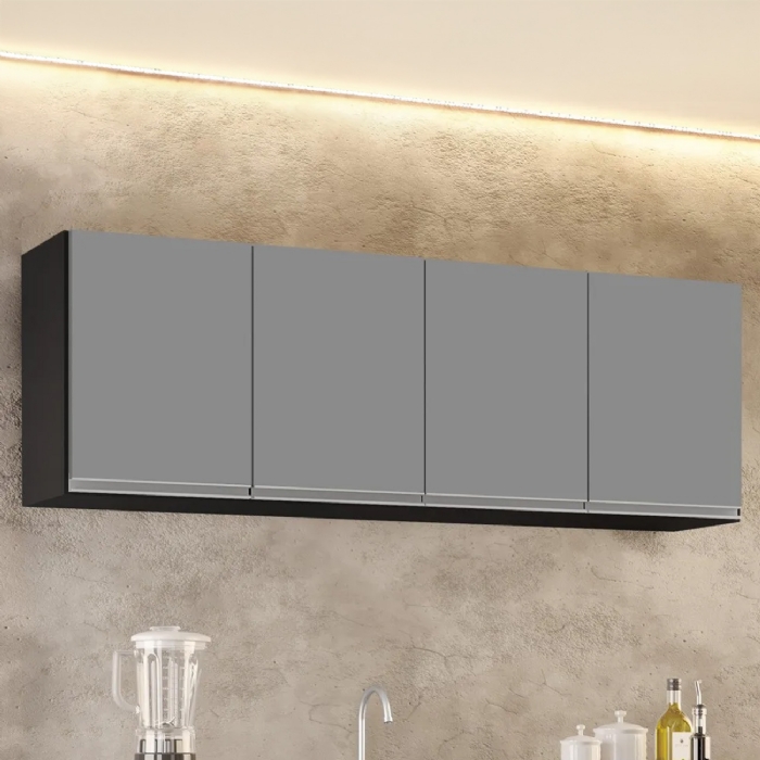Armário de Cozinha Aéreo 160cm 4 Portas Nevada Preto/Cinza - Lumil