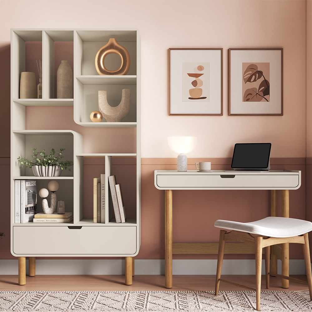 Mesa Escrivaninha e Estante Livreiro Pé Madeira Luara Off White A10 - Mpozenato