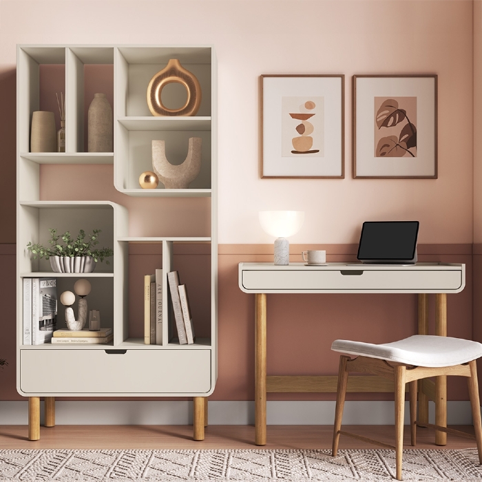 Mesa Escrivaninha e Estante Livreiro Pé Madeira Luara Off White A10 - Mpozenato