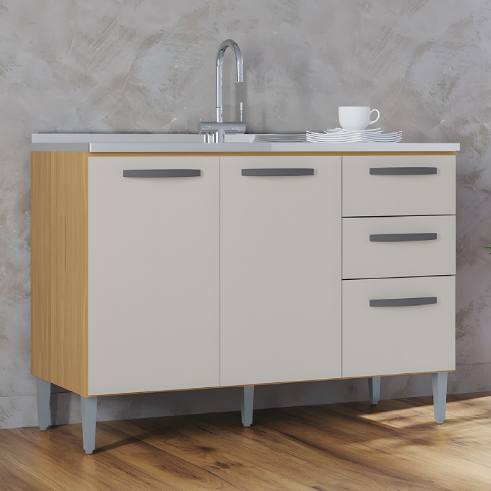 Balcão de Cozinha com Pia Inox 120cm 3 Portas 2 Gavetas Livy Z46 Damasco/Off White - Mpozenato