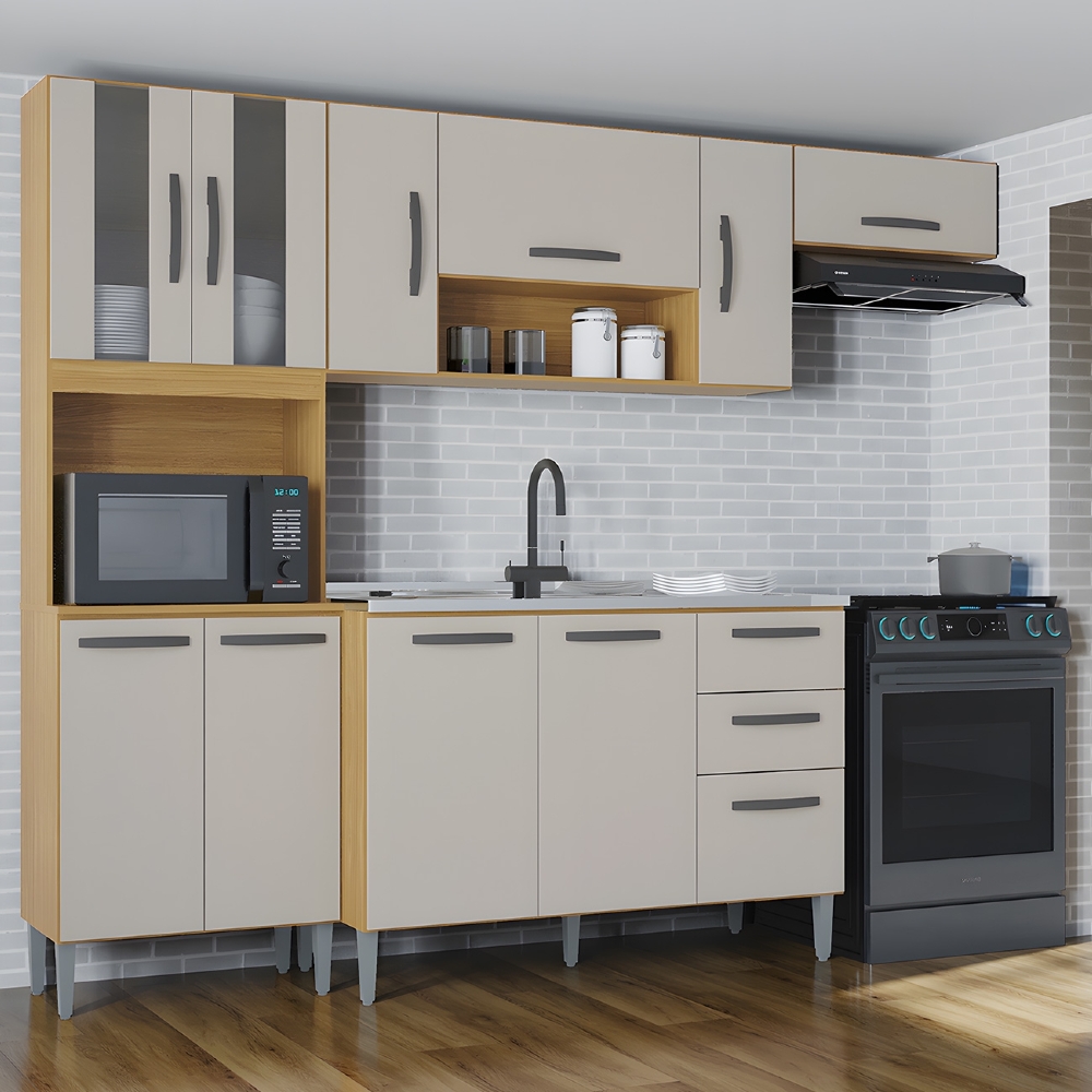 Cozinha Compacta Completa 244cm com Balcão e Pia Inox Livy Z46 Damasco/POff White - Mpozenato