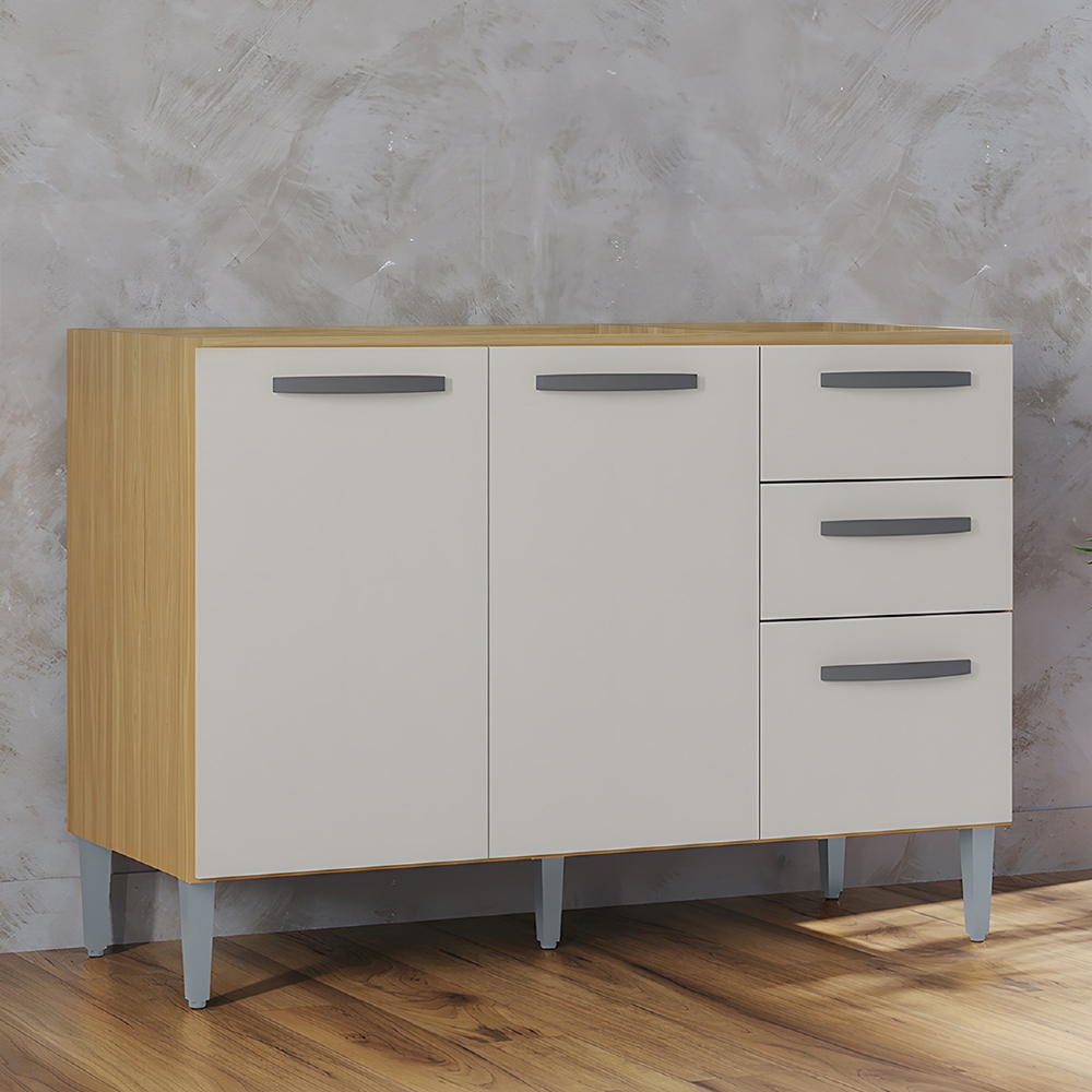 Balcão de Cozinha para Pia 120cm 3 Portas 2 Gavetas Livy Z46 Damasco/Off White - Mpozenato