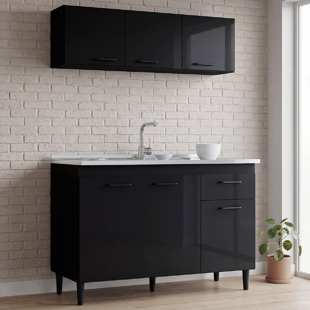 Armário Aéreo e Balcão de Cozinha com Pia Inox 120cm Classic Z46 Preto - Mpozenato