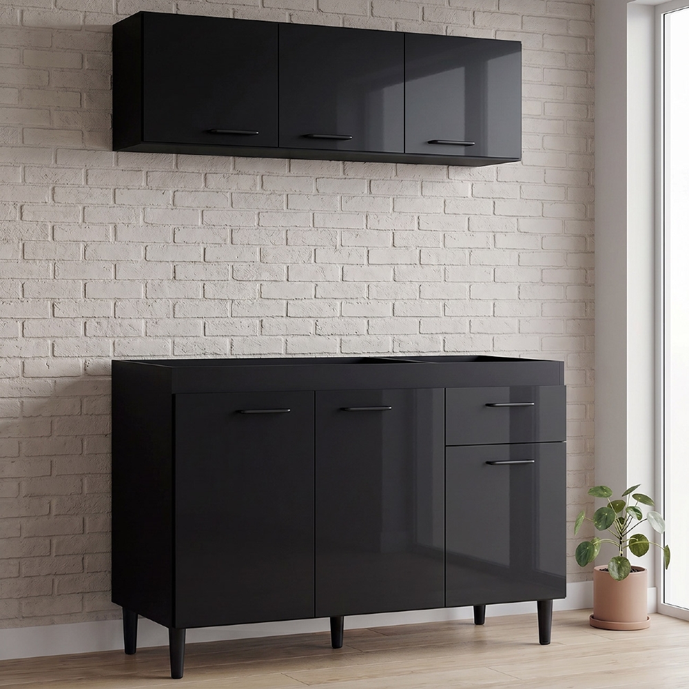 Armário Aéreo com Balcão Gabinete de Pia 120cm sem Tampo Classic Z46 Preto - Mpozenato