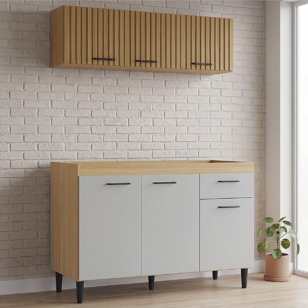 Armário de Cozinha e Balcão 120cm Classic Ripado Damasco/Off Z46 - Mpozenato