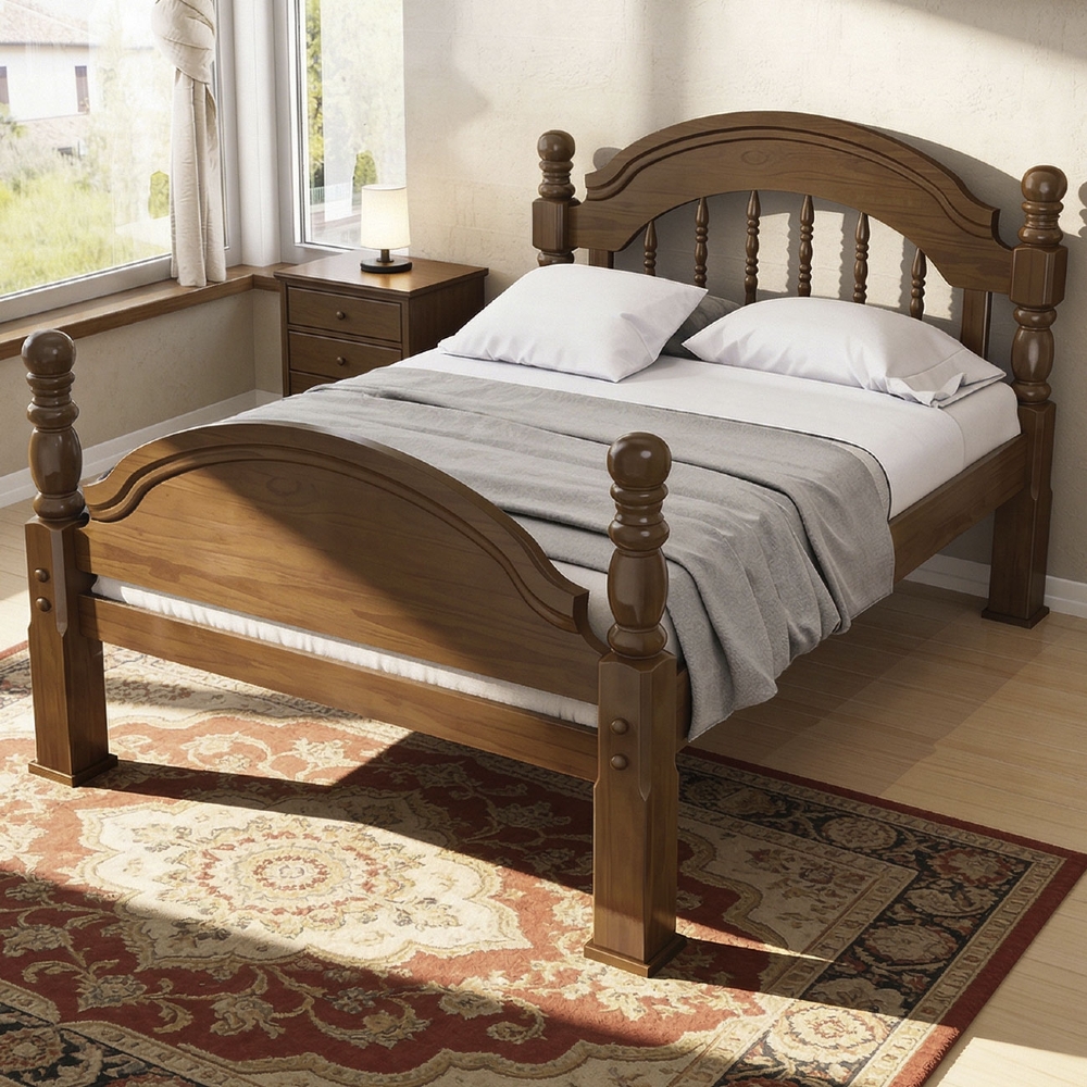 Cama Casal 140cm Madeira Maciça Torneada Leni Castanho B11 - Mpozenato