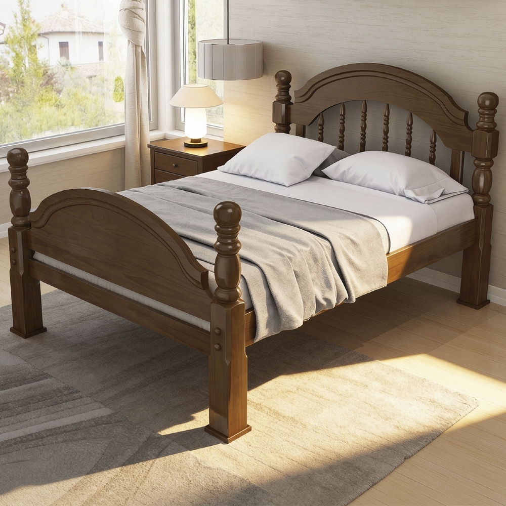 Cama Casal Queen 160cm Madeira Maciça Torneada Leni Castanho B11 - Mpozenato