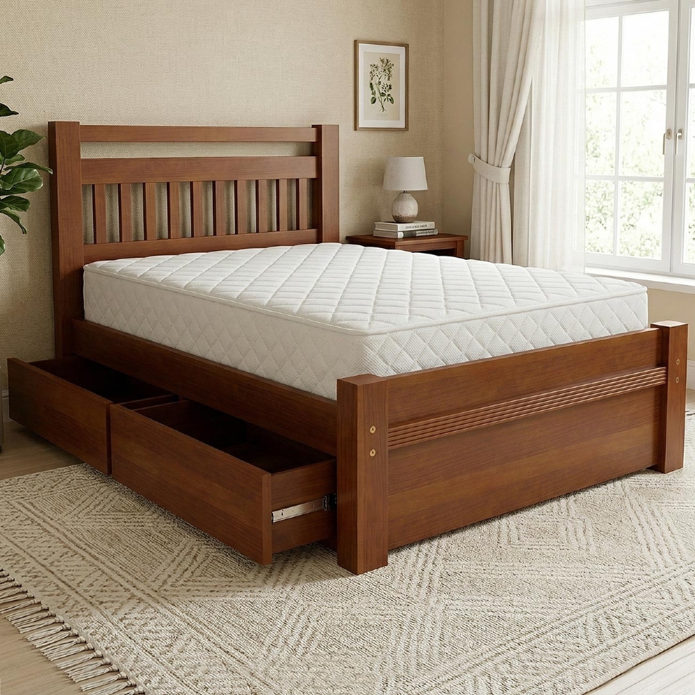 Cama Casal 140cm 2 Gavetas Madeira Maciça Orlex Avelã B11 - Mpozenato