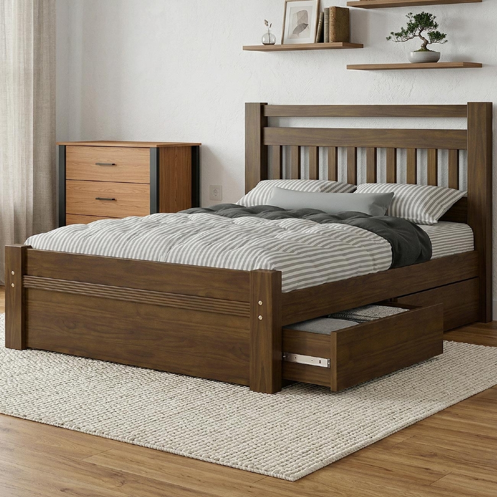 Cama Casal 140cm 2 Gavetas Madeira Maciça Orlex Castanho B11 - Mpozenato