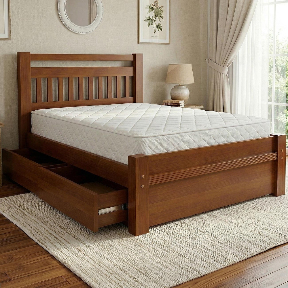 Cama Casal Queen 160cm 2 Gavetas Madeira Maciça Orlex Avelã B11 - Mpozenato