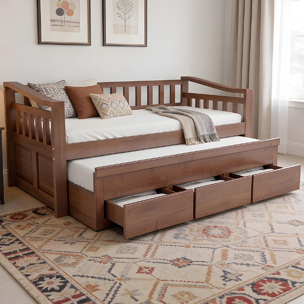 Cama Solteiro Com Auxiliar 188x88cm 3 Gavetas Azura Castanho B11 - Mpozenato
