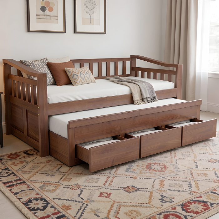 Cama Solteiro Com Auxiliar 188x88cm 3 Gavetas Azura Castanho B11 - Mpozenato