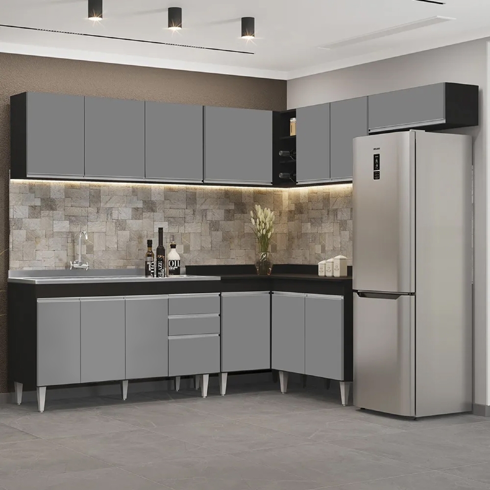 Armário de Cozinha Modulado de Canto 7 Peças CP24 com Pia Inox Preto/Cinza - Lumil