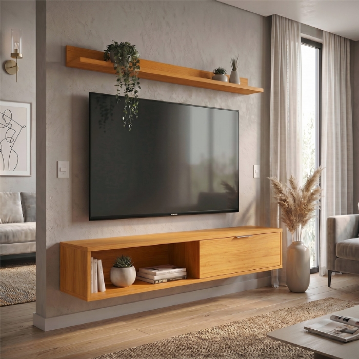 Rack TV 55 Pol. Suspenso 136cm 1 Porta Lila Cinamomo Z49  - Mpozenato