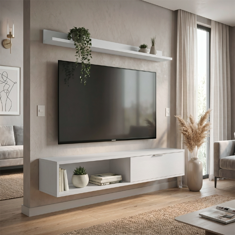 Rack TV 55 Pol. Suspenso 136cm 1 Porta Lila Off White Z49 - Mpozenato