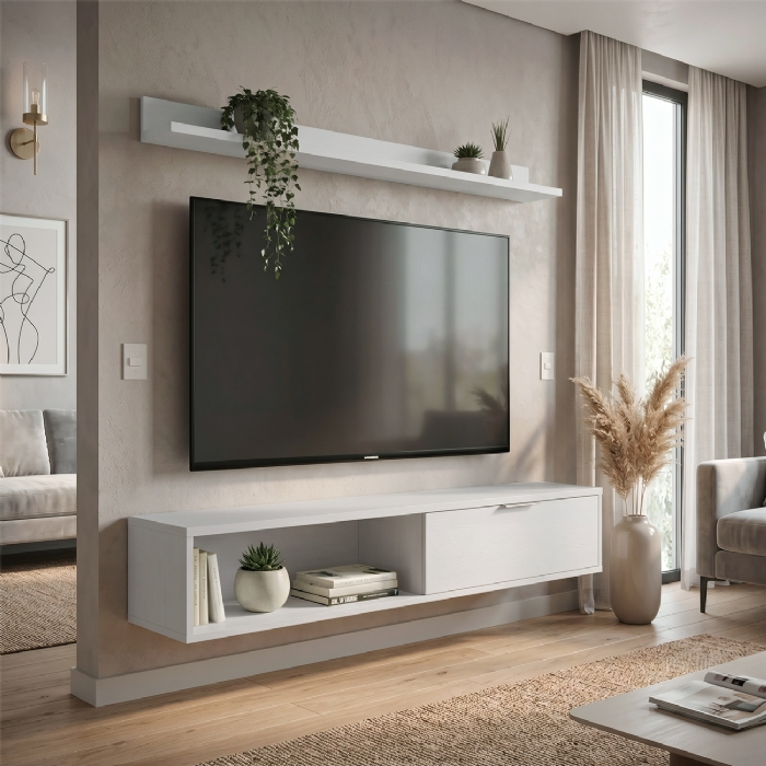 Rack TV 55 Pol. Suspenso 136cm 1 Porta Lila Off White Z49 - Mpozenato