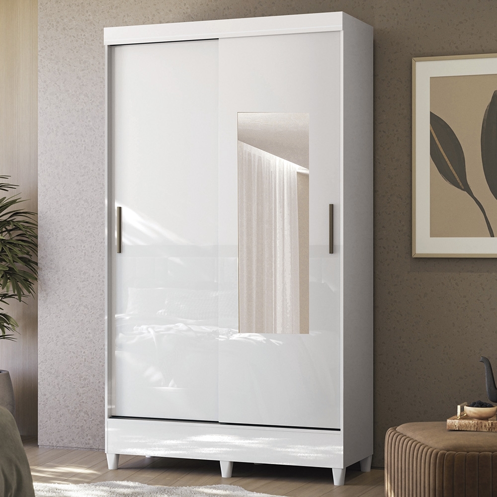 Guarda Roupa Solteiro 107cm 2 Portas Com Espelho Thales Branco S01 - Mpozenato