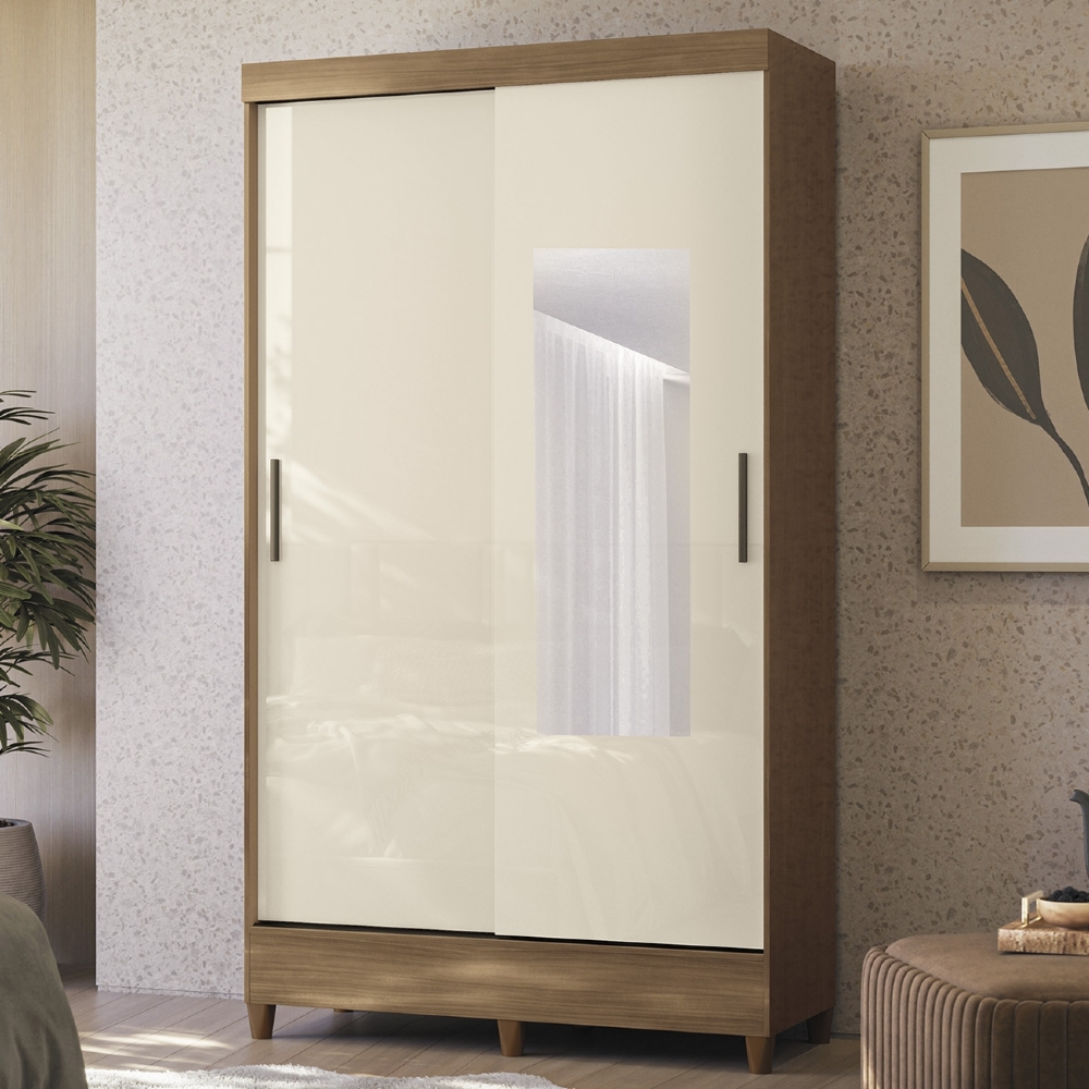 Guarda Roupa Solteiro 107cm 2 Portas Com Espelho Thales Jequitibá/Off S01 - Mpozenato