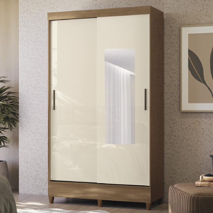 Guarda Roupa Solteiro 107cm 2 Portas Com Espelho Thales Jequitibá/Off S01 - Mpozenato