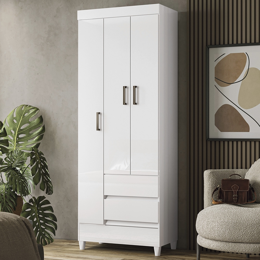Guarda Roupa Solteiro 70cm 3 Portas 2 Gavetas Thales Branco S01 - Mpozenato