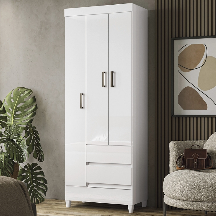 Guarda Roupa Solteiro 70cm 3 Portas 2 Gavetas Thales Branco S01 - Mpozenato