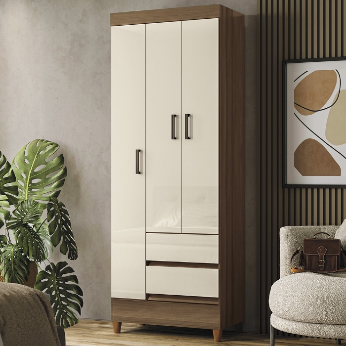 Guarda Roupa Solteiro 70cm 3 Portas 2 Gavetas Thales Jequitibá/Off  S01 - Mpozenato