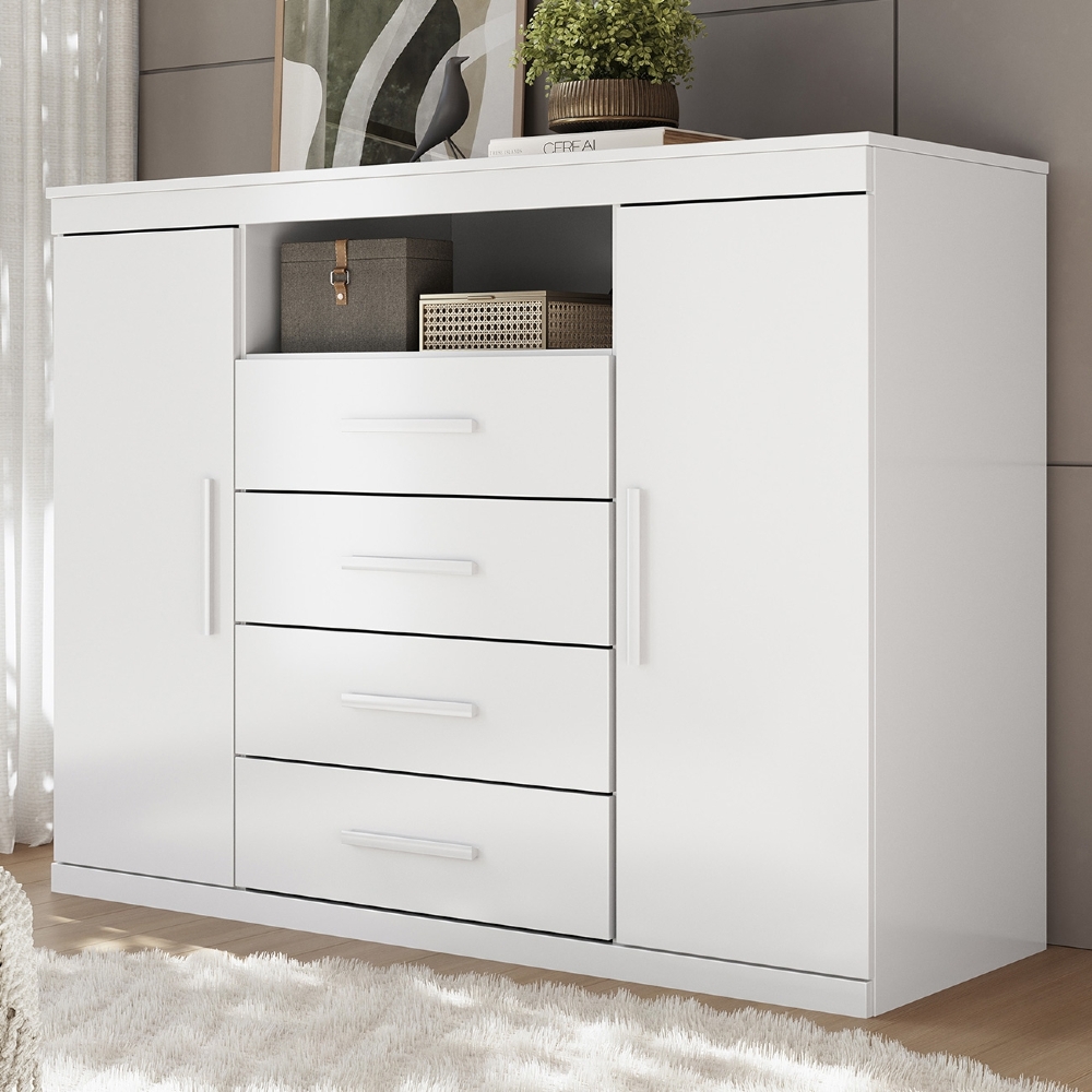 Cômoda Quarto 129cm 4 Gavetas 2 Portas Savana Branco S01 - Mpozenato