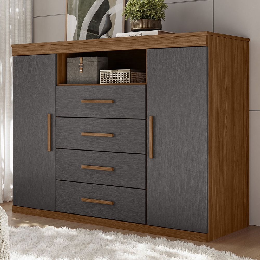 Cômoda Quarto 129cm 4 Gavetas 2 Portas Savana Jatobá/Grafite S01 - Mpozenato