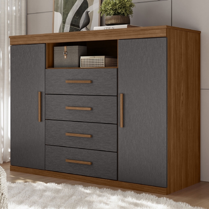 Cômoda Quarto 129cm 4 Gavetas 2 Portas Savana Jatobá/Grafite S01 - Mpozenato