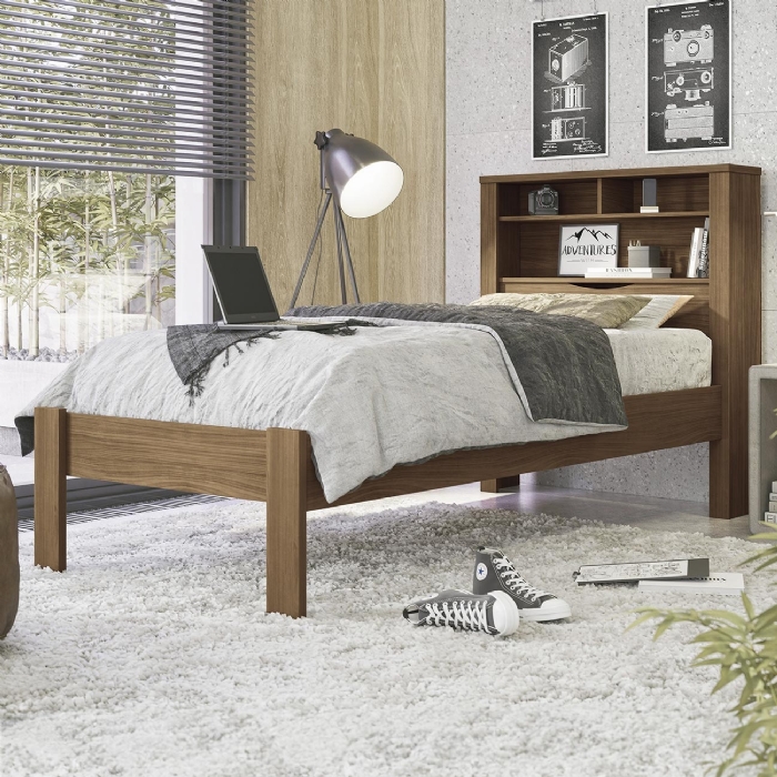 Cama Solteiro Para Colchão 188x88cm Com Nichos Zuri Jatobá S01 - Mpozenato