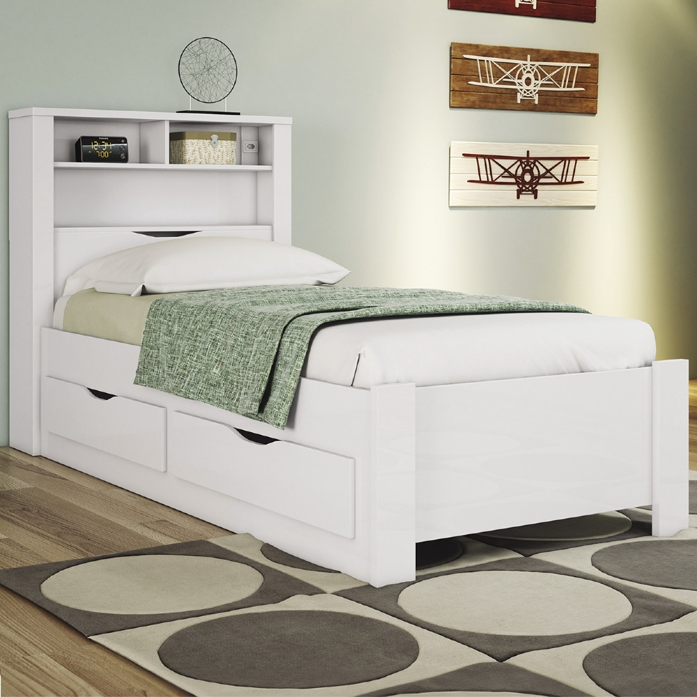Cama Solteiro Para Colchão 188x88cm Com 2 Gavetas e Nichos Zuri Branco S01 - Mpozenato