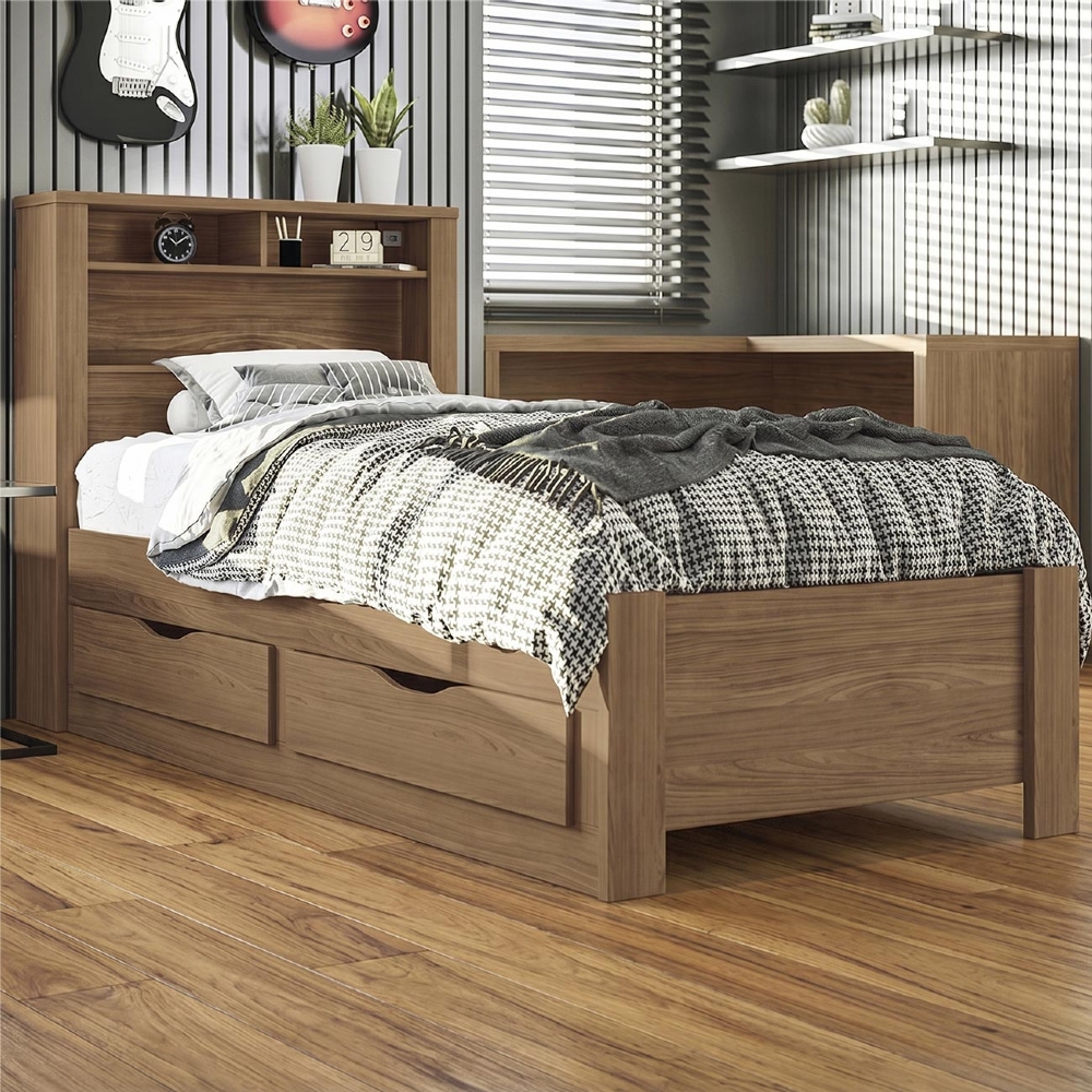 Cama Solteiro Para Colchão 188x88cm Com 2 Gavetas e Nichos Zuri Jatobá S01 - Mpozenato