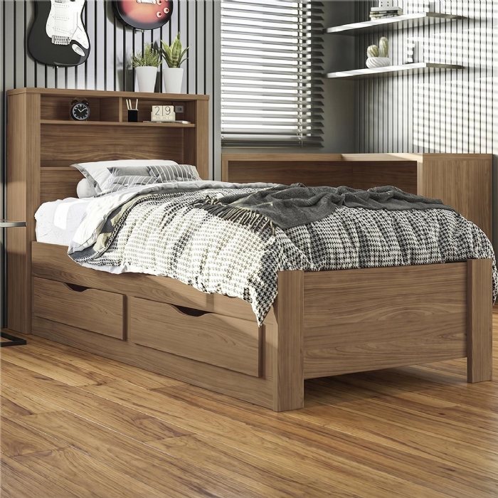 Cama Solteiro Para Colchão 188x88cm Com 2 Gavetas e Nichos Zuri Jatobá S01 - Mpozenato