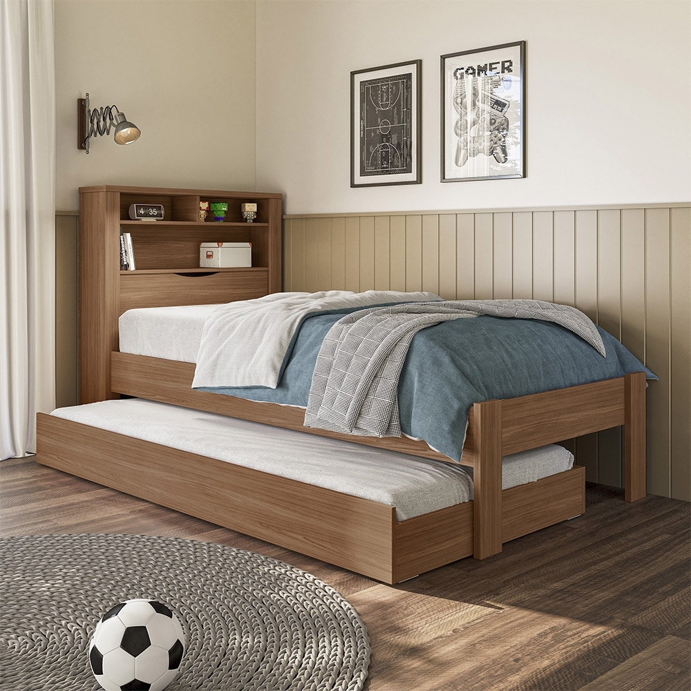 Cama Solteiro Infantil Com Auxiliar e Nicho 188x88cm Zuri Jatobá S01 - Mpozenato