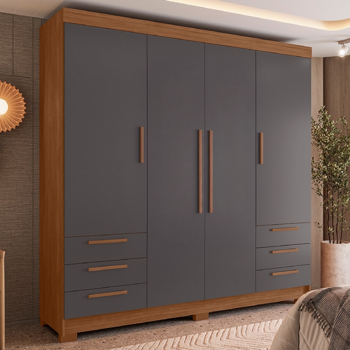 Guarda Roupa Casal 192cm 4 Portas 6 Gavetas Itajaí Jatobá/Grafite S01 - Mpozenato