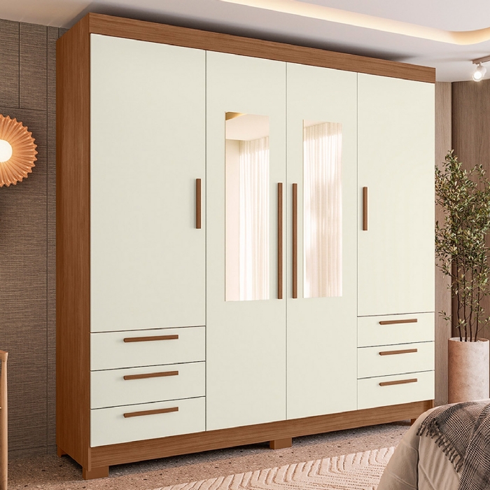 Guarda Roupa Casal 192cm 4 Portas Com Espelho Itajaí Jatobá/Areia S01 - Mpozenato
