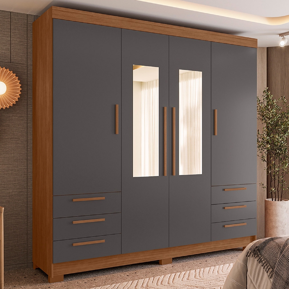 Guarda Roupa Casal 192cm 4 Portas Com Espelho Itajaí Jatobá/Grafite S01 - Mpozenato