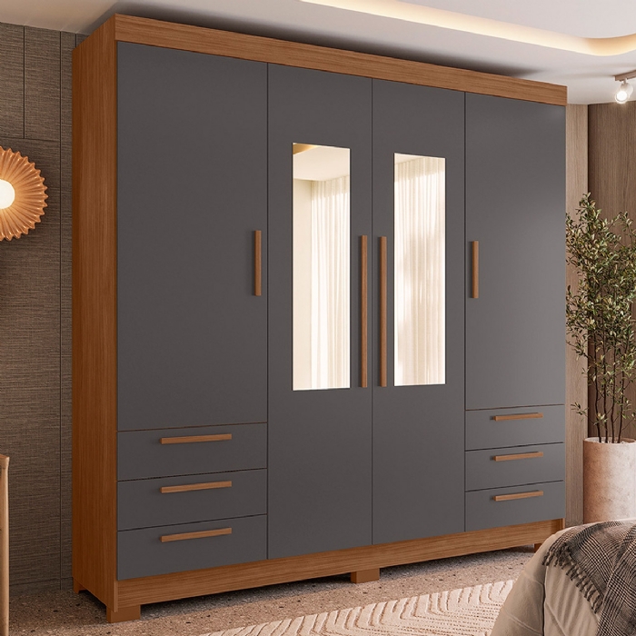 Guarda Roupa Casal 192cm 4 Portas Com Espelho Itajaí Jatobá/Grafite S01 - Mpozenato