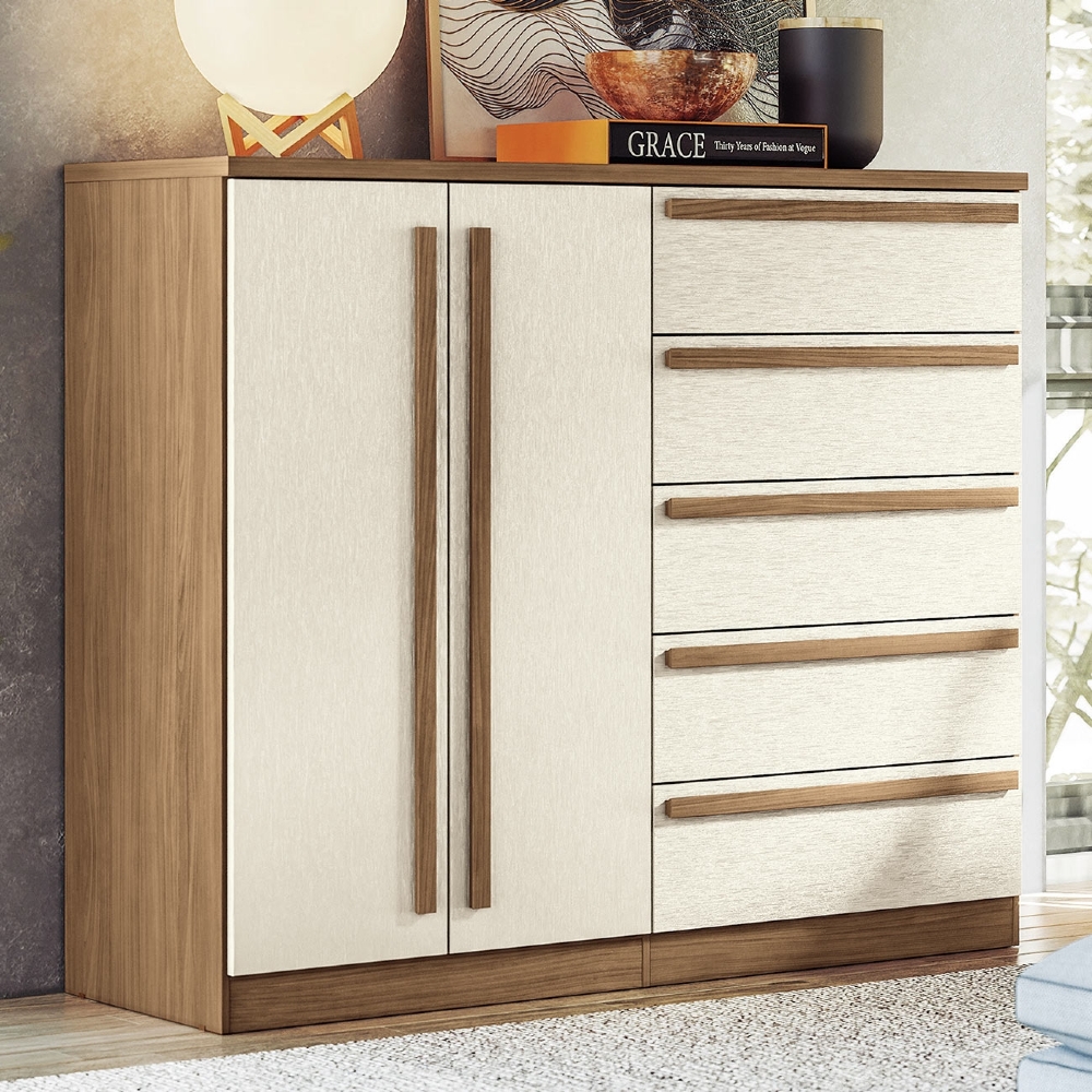 Cômoda Quarto 131cm 5 Gavetas 2 Portas Valenza Jatobá/Areia S01 - Mpozenato