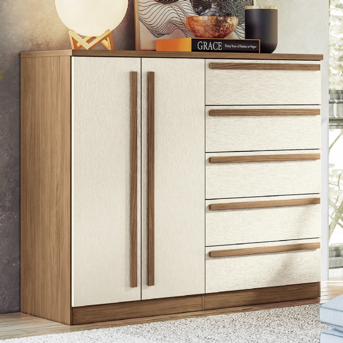 Cômoda Quarto 131cm 5 Gavetas 2 Portas Valenza Jatobá/Areia S01 - Mpozenato