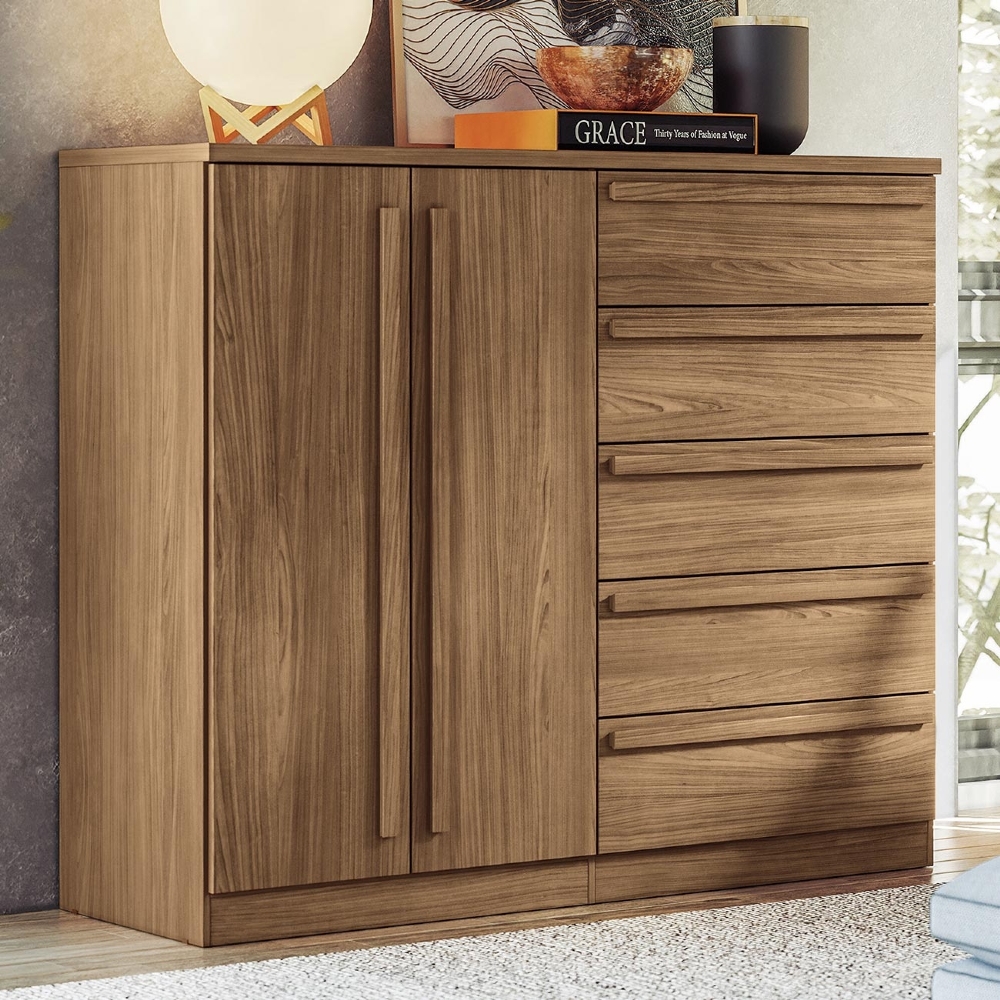 Cômoda Quarto 131cm 5 Gavetas 2 Portas Valenza Jatobá S01 - Mpozenato
