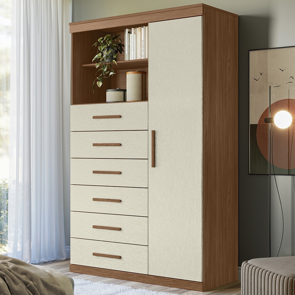 Cômoda Multiuso 6 Gavetas 1 Porta 96cm Guaíra Jatobá/Areia S01 - Mpozenato