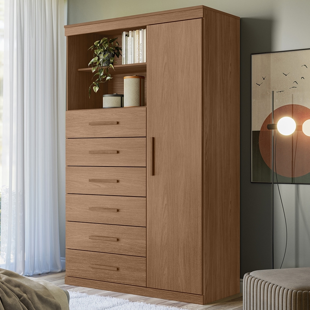 Cômoda Multiuso 6 Gavetas 1 Porta 96cm Guaíra Jatobá S01 - Mpozenato